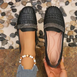 Comfortable Black Women’s Loafers Shoes with Embroidered Rhinestone Decor Slip On Flat Shoes Non Slip Moccasin Casual Shoes