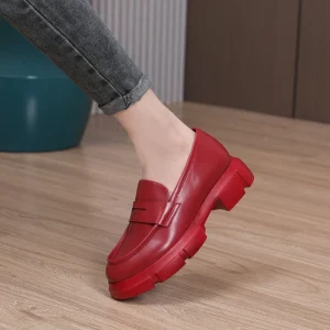 Comfortable Cozy Women’s Business Office Sheepskin Lining High Heels Loafers Brick Red Casual Shoes Soft Slip On Fashion Trend