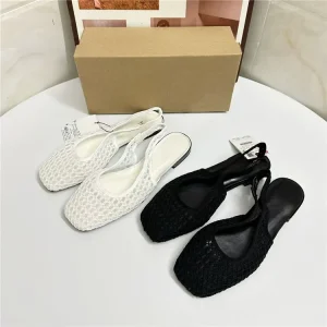 Comfortable Flat Heel Women’s Sandals Handwoven Fishnet Design Closed Toe Ankle Strap Summer Slides