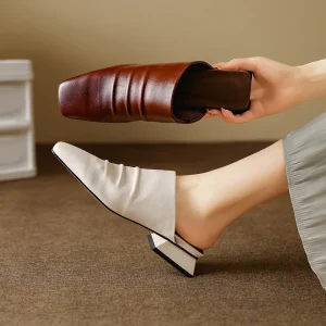Comfortable Genuine Leather Women Mules Shoes Summer Fashion Pleated Square Toe Low Heel Slippers Sizes 40
