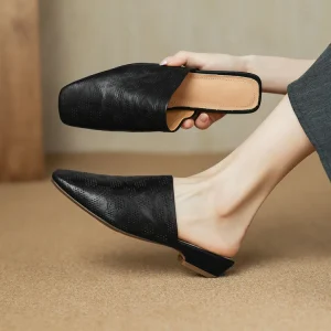 Comfortable Low Heels Mules Shoes for Women Summer New Style Vintage Square Toe Slip On Lady Slippers Sizes 43