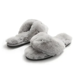Comfortable Non-slip Plush Slippers Double Cross Strap Fur Sandals for Women Lady Furry Slides in Pink