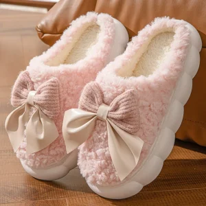Cotton Slippers for Women with Bows Thick soled Warm and Comfortable Indoor Lightweight Winter and Autumn Style Wool Slippers
