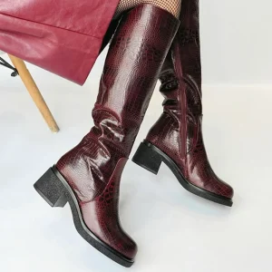 Cow Leather Textured Knee High Boots with Side Zipper for Autumn and Winter Office Commuting Dark Red Women’s