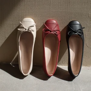 Cowhide Genuine Leather Autumn Slip On Round Toe Bow Tie Granny Shoes Women’s Ballet Flats Rubber Outsole