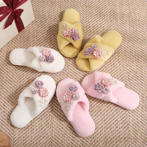 Creative Simple Flower Embroidery Cross Wool Slippers Autumn winter Home Plush Flat Bottom Open toe Warm Lady Faux Fur Slippers