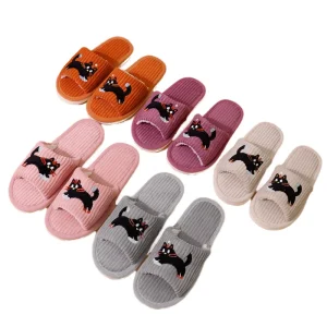 Creative Striped Cotton Slippers for Women Cross Border Home Slippers with Open Toe Simple Fun Cute Black Cat