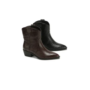 Croc Embossed Pointed Toe Western Cowboy Boots Festival Block Heel Ankle Boots Versatile Retro Ankle Boots