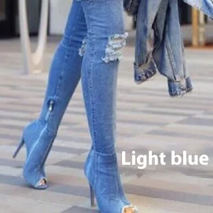 Cross Border European American Women’s Plus Size Denim Over the Knee Boots Fish Mouth Broken Copper High Heel Design