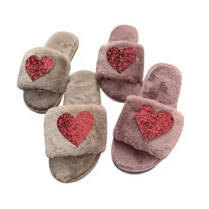 Cross Border Fluffy Open Toe Autumn Winter Home Shoes Bride Bridesmaid Women’s Indoor Cotton Heart Shape Breathable TPR Outsole