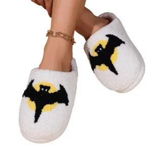 Cross-Border Winter Bat Halloween Pumpkin Style Closed Toe Women’s Men’s Indoor Non-Slip Warm TPR Outsole