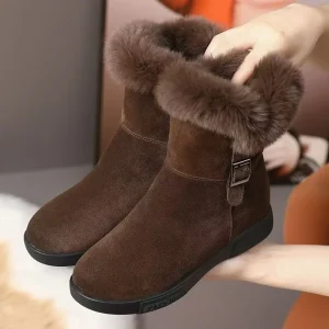 Cross Border Winter New Casual Women’s Toe Flat Thick Fur Side Zipper Mid Calf Anti Slip Durable Snow Boots