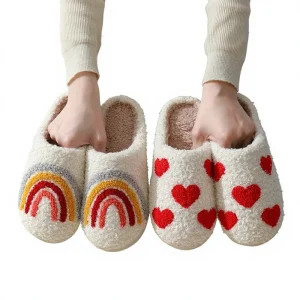 Cross-Border Winter Women’s Closed Toe Cotton Slippers Heart Rainbow Design Non-Slip Warm TPR Outsole Embroidery Home