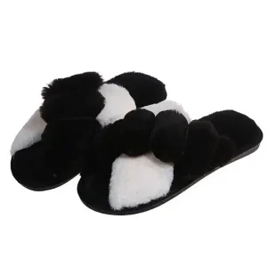 Cross Plush Design Fashion Fur Slippers Open Toe Ladies Slippers TPR Anti Slip Winter Fluffy Plush Warm Home Slippers