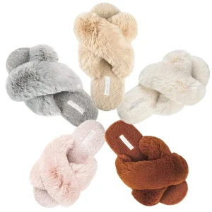 Cross Strap Open Toe Home Warm Women Cozy Plush Faux Fur Fuzzy Fluffy Slippers