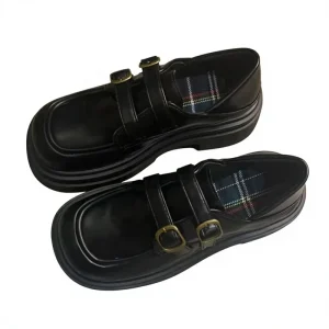Cross border British style Women’s Soft soled Mary Jane Loafers Flat Slip on Summer Solid Black Pu Belt Buckle Round Toe