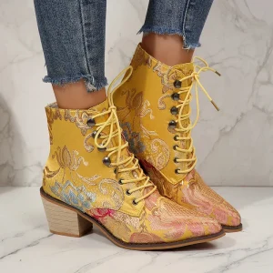 Cross border Ethnic Embroidery High Heel Thick Heel Pointed Lace up Short Boots Women’s Shoes Fashion Boots