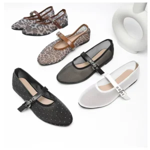 Cross border European American Solid Mesh Breathable Mary Jane Rhinestone Buckle Large Size 35 43 Women’s Flat Shoes Spring