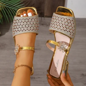 Cross border Fashion Casual for New European American Style Sequins Flat Shoes Women’s Beach Wear One strap Sandals Plastic