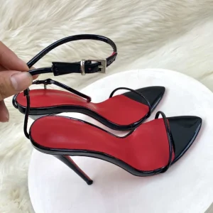 Cross border Foreign Trade Strap Fashion Sandals Women’s PU Upper Rubber Outsole Thin Heel Summer Black Pointed Buckle