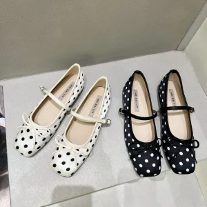 Cross border French New Retro Polka Dot Slip-On Lightweight Small Square Toe Mary Jane Flat Summer Women’s Shoes