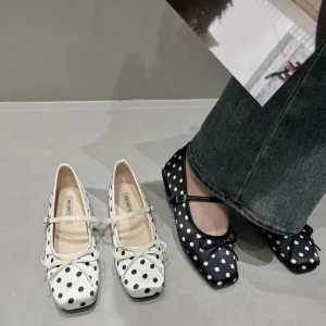 Cross-border French Retro Polka Dot Slip-On Lightweight Small Square Toe Mary Jane Flat Summer Women’s Shoes