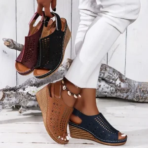 Cross-border Large Size Breathable Wedge Sandals Women’s European American Style Hollow Lightweight Velcro