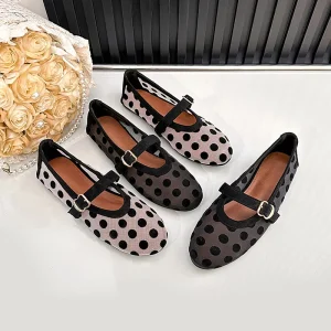 Cross border Mesh Polka Dot Mary Jane Shoes Women’s French Retro Flat Breathable Rubber Outsole Buckle Closure Ballet