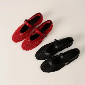 Cross border New Fashionable Breathable Mesh Flats Hollow Mary Jane Fishnet Spring Solid Women’s Buckle Ballet Shoes Rubber