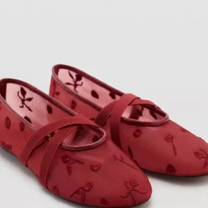 Cross border Trade New Women’s Solid Embroidered Mesh Toe Faux Leather Lining Flat Ballet Shoes Red Spring