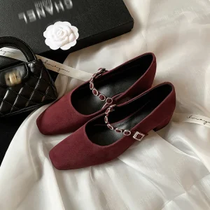 Custom 4CM Chunky Heel Mary Jane Pumps Upper Rhinestones Suede Lambskin Anti Slip TPR Outsole Women’s Dress Shoes Summer Western