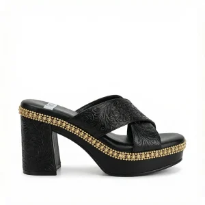 Custom Black Embossed Floral Leather Platform Mule Sandals Gold Beaded Trim Crisscross Straps Women’s Retro Shoes