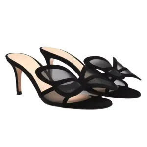 Custom Black Faux Suede Butterfly Big Size High Stiletto Heel Slippers Sandals Slip On Round Toe Sandals Shoes for Women