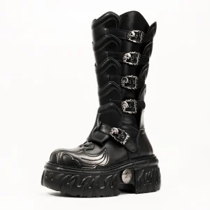 Custom Black Flame Punk Motorcycle Boots Round Toe Buckle Strap Thick Heeled Mid Calf Boots Autumn Thick Sole Women’s Shoes