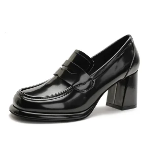 Custom Black Patent Leather Platform Chunky Heel Loafers Women’s British Vintage Style Thick Sole High Heel Pumps