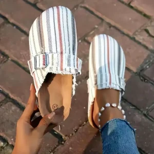 Custom Chic Women’s Striped Slide Sandals Comfy Flat Heel Round Toe Clogs Slipper with Buckle Closure for All Seasons
