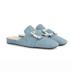 Custom Close Square Toe Denim Upper With Crystal Buckle Decoration Flats Mules Ladies Women’s Slide Diamond Slipper Sandals