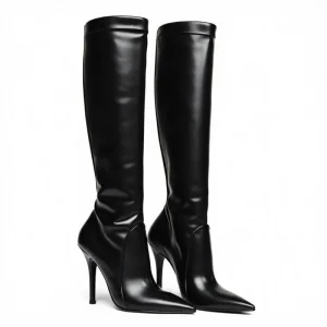 Custom Color High Heel Boots Plus Size Pointy Toe Black Leather Side Zipper Thin Heel Women Knee High Boots
