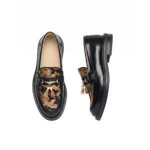 Custom Design Retro Dragon Phoenix Embroidery Pearl Tassel Derby Dress Platform Loafers Shoes