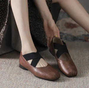 Custom Design Women Ballet Shoes Real Leather Cross Strap Mary Jane Flat