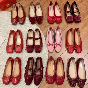 Custom Elegant Red Ballet Flat Shoes Low MOQ Vegan Leather Women Ballerinas Shoes