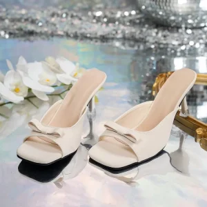 Custom Elegant Women’s Square Toe Summer Pump Bow Knot Mid Heels in Big Size PU Insole Material for Party and Nightclub