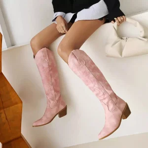 Custom Fashion Cowgirl Women Knee High Boots Pink Suede Leather 6cm Thick Heel Women Western Boot