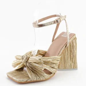 Custom Gold Pleated Bow Ankle Strap Block Heel Sandals Party Wedding Shoes Manufacturer