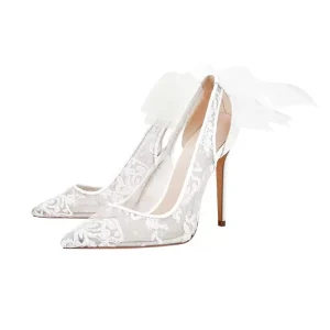 Custom Ladies Bride Shoe Pointed Toe Stiletto Wedding Shoes Big Size 45 White Lace Flower 10 cm Heel Women’s Wedding Shoes