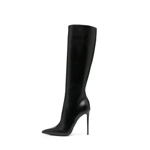 Custom Ladies Long Boots Custom Logo Pointy Toe Solid Black Leather Women Knee High Stiletto Boots