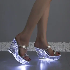 Custom Large Size Rhinestone Heeled Sandal Open Toe Light Nightclub Stripper Pole Dance Transparent Platform Heel