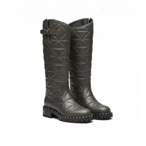 Custom Leather Knee High Riding Boots Motorcycle Boots Chunky Flat Heel Work Style Boots
