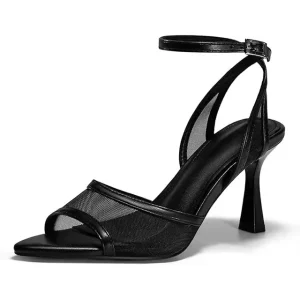 Custom Logo Elegant Lady Women’s High Sandal Shoes Fashion Pointed Toe Heel Ankle Strap Mesh Black Sandals for Women