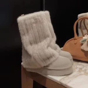 Custom Logo Furry Platform Casual Boot Flat Women’s Ankle Winter Snow Fur Boots Comfortable Fleece Lined